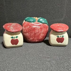 Spongeware Apple-Themed Ceramic Napkin Holder W/Salt & Pepper Shakers